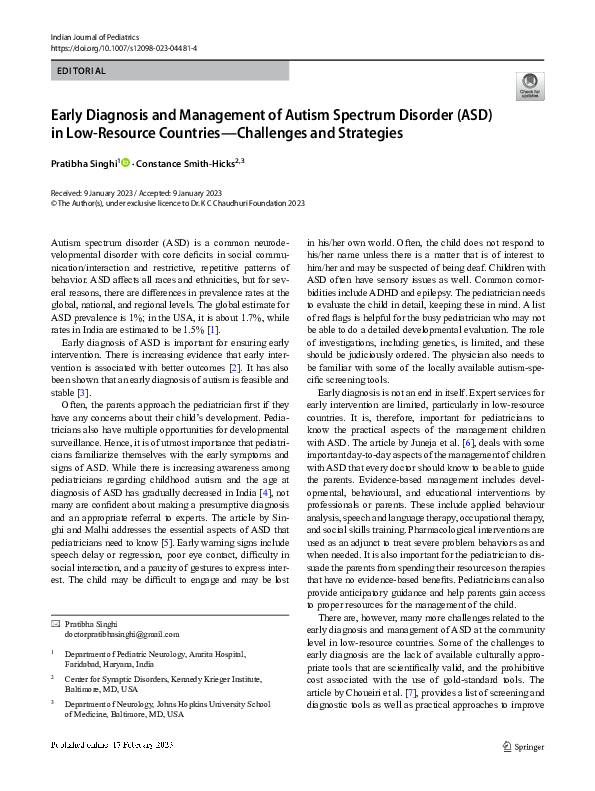 (PDF) Early Diagnosis and Management of Autism Spectrum Disorder (ASD ...