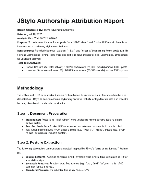 (PDF) JStylo Authorship Attribution Report Report Generated By: JStylo ...