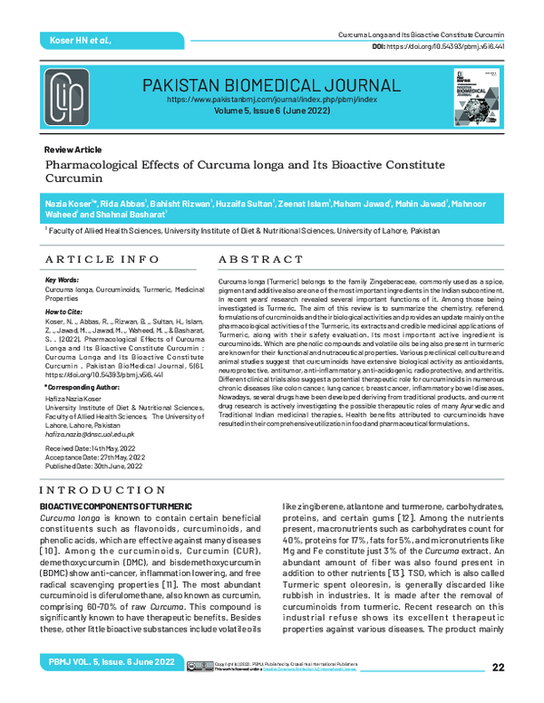 (PDF) Pharmacological Effects of Curcuma Longa and Its Bioactive ...
