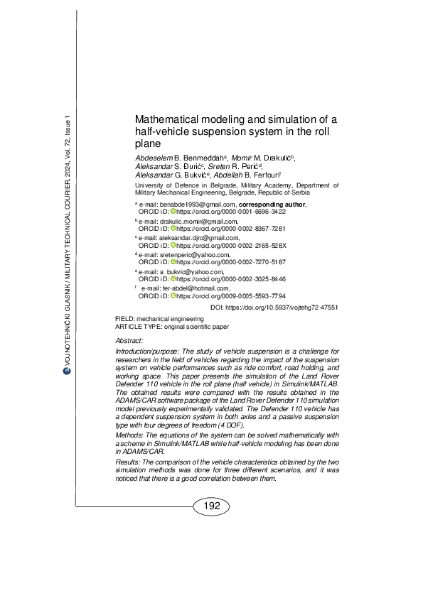 (PDF) Mathematical modeling and simulation of a half-vehicle suspension ...