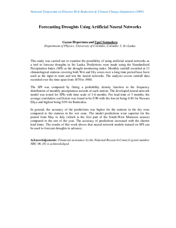 (PDF) Forecasting Droughts using Artificial Neural Networks