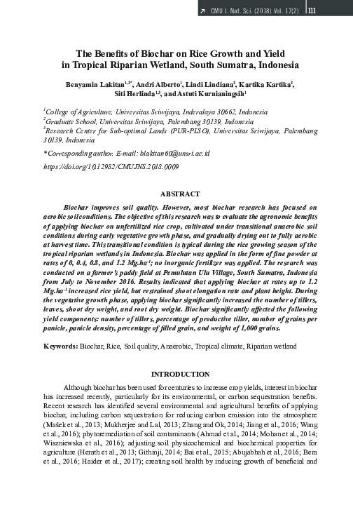 (PDF) The Benefits of Biochar on Rice Growth and Yield in Tropical ...