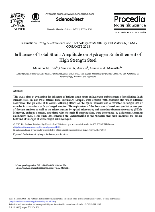 (PDF) Influence of Total Strain Amplitude on Hydrogen Embrittlement of ...