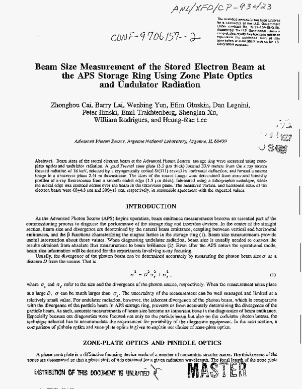 (PDF) Beam size measurement of the stored electron beam at the APS ...