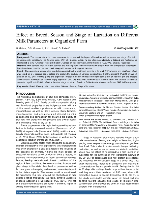 (PDF) Effect of Breed, Season and Stage of Lactation on Different Milk ...