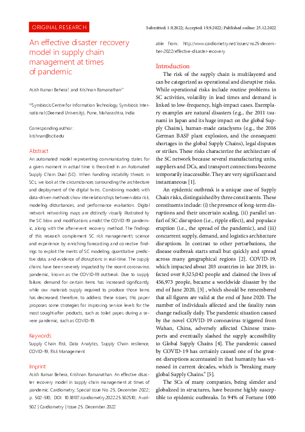 (PDF) An effective disaster recovery model in supply chain management ...