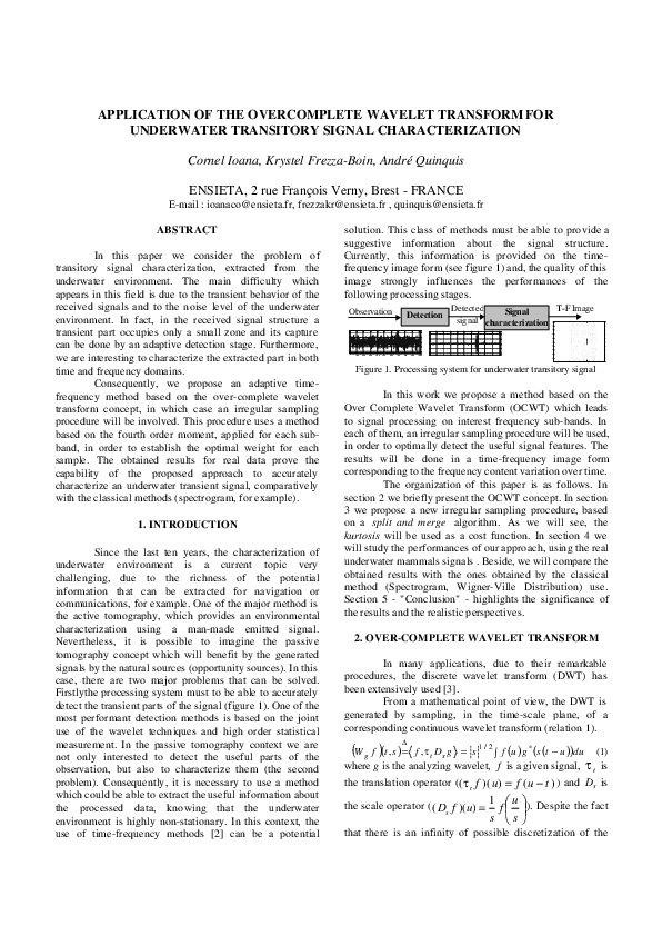 (PDF) Application of the Overcomplete Wavelet Transform for Underwater ...