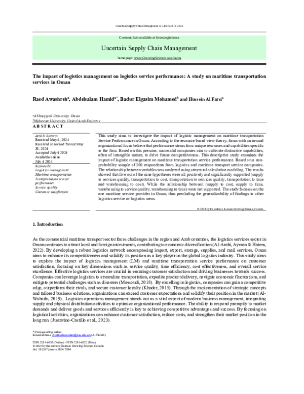 (PDF) The impact of logistics management on logistics service ...