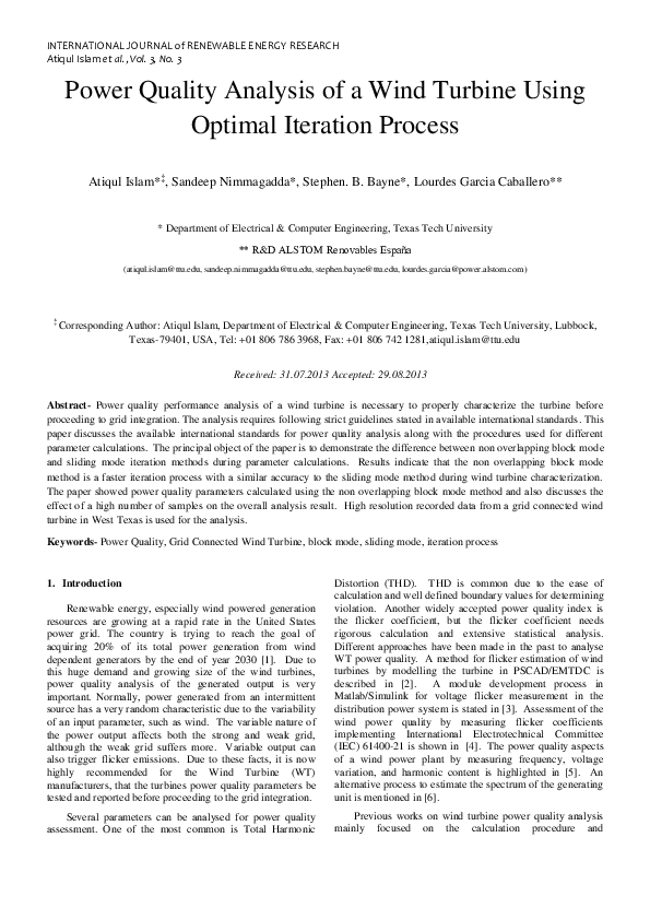 (PDF) Power Quality Analysis of a Wind Turbine Using Optimal Iteration ...