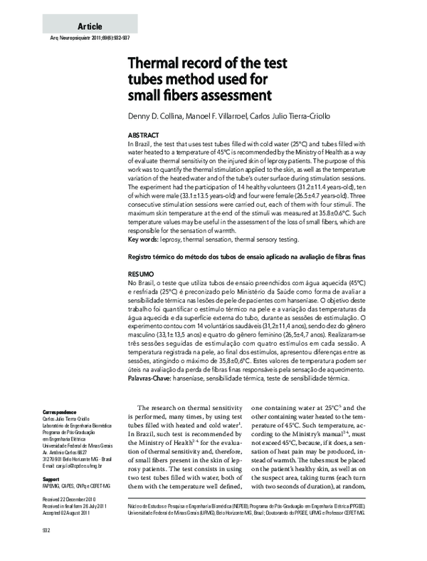 (PDF) Thermal record of the test tubes method used for small fibers ...
