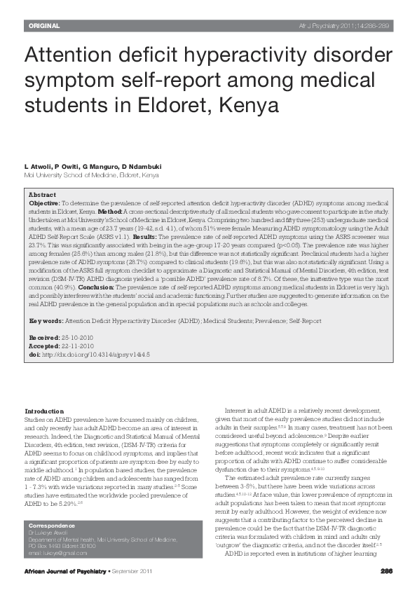 (PDF) Attention deficit hyperactivity disorder symptom self-report ...