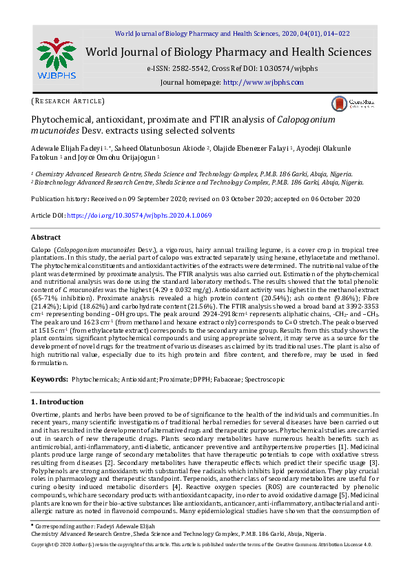 (PDF) Phytochemical, antioxidant, proximate and FTIR analysis of ...