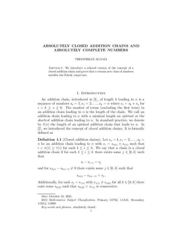 (PDF) ABSOLUTELY CLOSED ADDITION CHAINS AND ABSOLUTELY COMPLETE NUMBERS