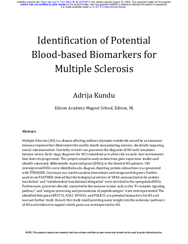 (PDF) Identification of Potential Blood-based Biomarkers for Multiple ...