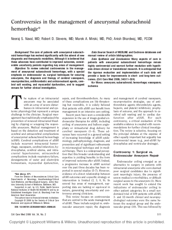 (PDF) Controversies in the management of aneurysmal subarachnoid ...