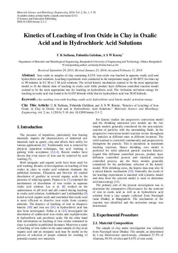 (PDF) Study on the kinetics of iron oxide leaching by oxalic acid