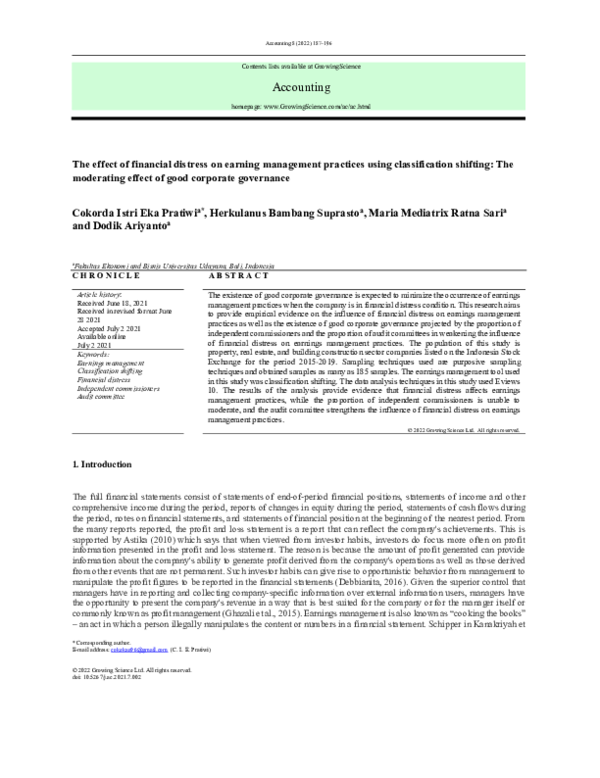 (PDF) The effect of financial distress on earning management practices ...