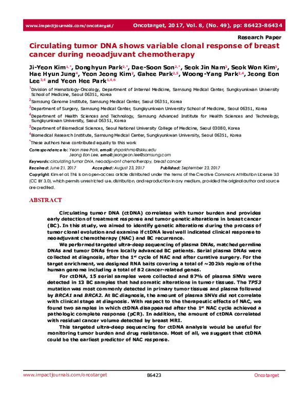 (PDF) Circulating tumor DNA shows variable clonal response of breast ...