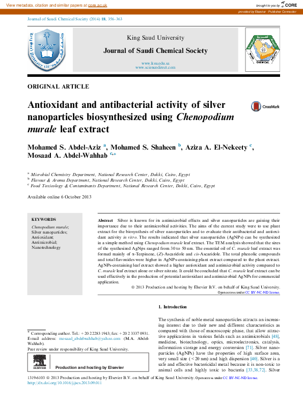 (PDF) Antioxidant and antibacterial activity of silver nanoparticles ...
