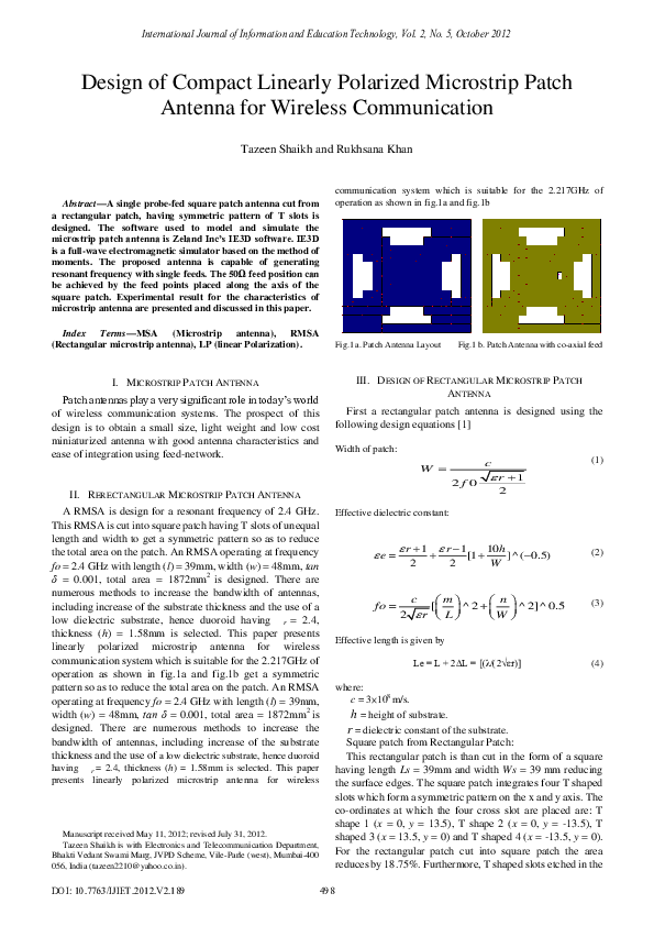 (PDF) Design of Compact Linearly Polarized Microstrip Patch Antenna for ...