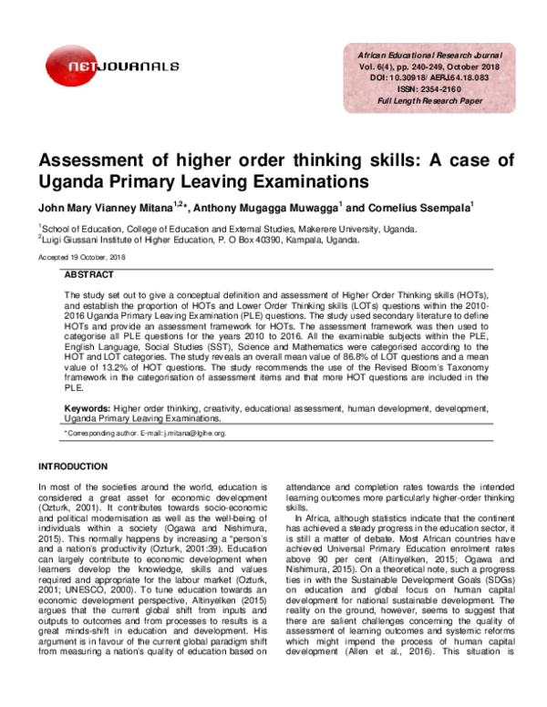 (PDF) Assessment of higher order thinking skills: A case of Uganda ...