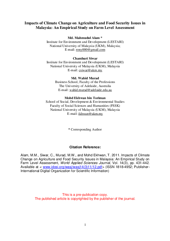 (PDF) Impacts of Climate Change on Agriculture and Food Security Issues ...
