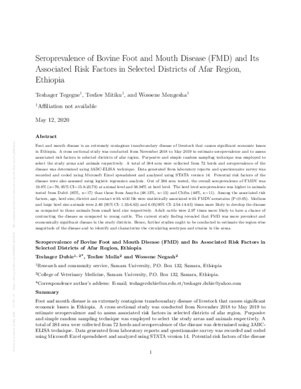 (PDF) Seroprevalence of Bovine Foot and Mouth Disease (FMD) and Its ...
