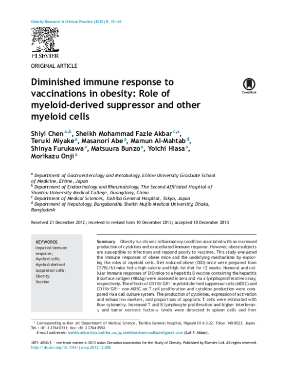(PDF) Diminished immune response to vaccinations in obesity: Role of ...