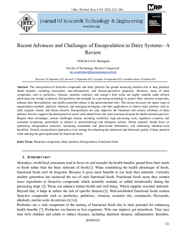 (PDF) Recent Advances and Challenges of Encapsulation in Dairy Systems ...