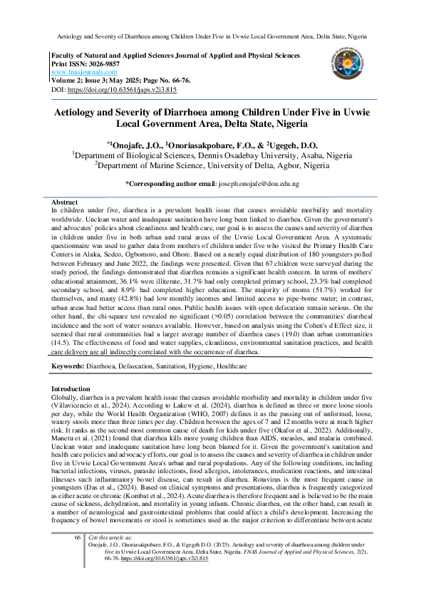 (PDF) Aetiology and Severity of Diarrhoea among Children Under Five in ...