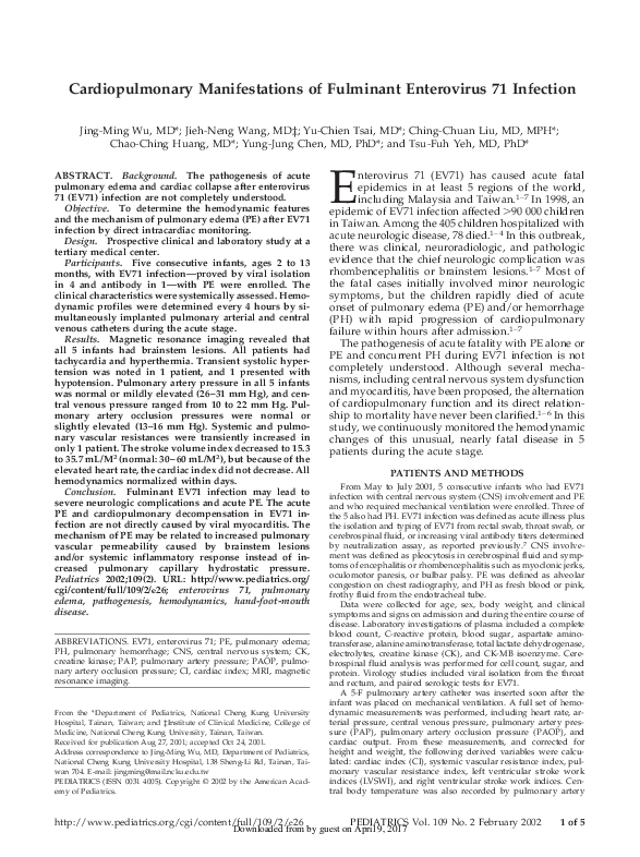 (PDF) Cardiopulmonary Manifestations of Fulminant Enterovirus 71 Infection