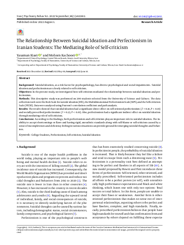 (PDF) The Relationship Between Suicidal Ideation and Perfectionism in ...