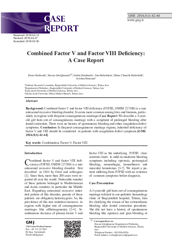 (PDF) Combined Factor V and Factor VIII Deficiency: A Case Report