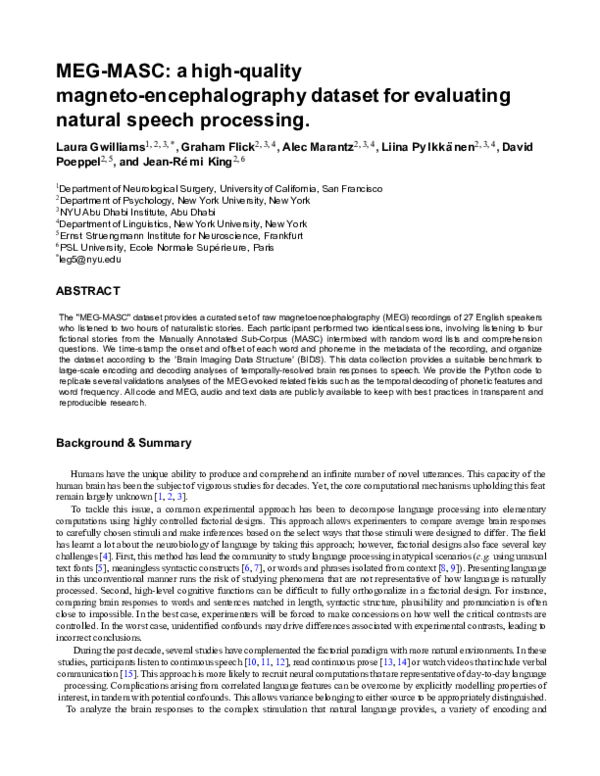 (PDF) MEG-MASC: a high-quality magneto-encephalography dataset for ...