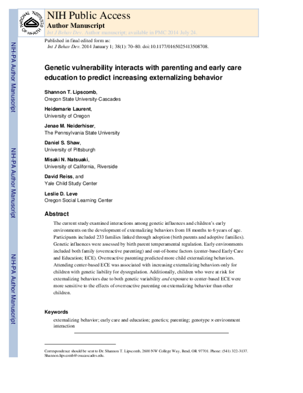 (PDF) Genetic vulnerability interacts with parenting and early care and ...