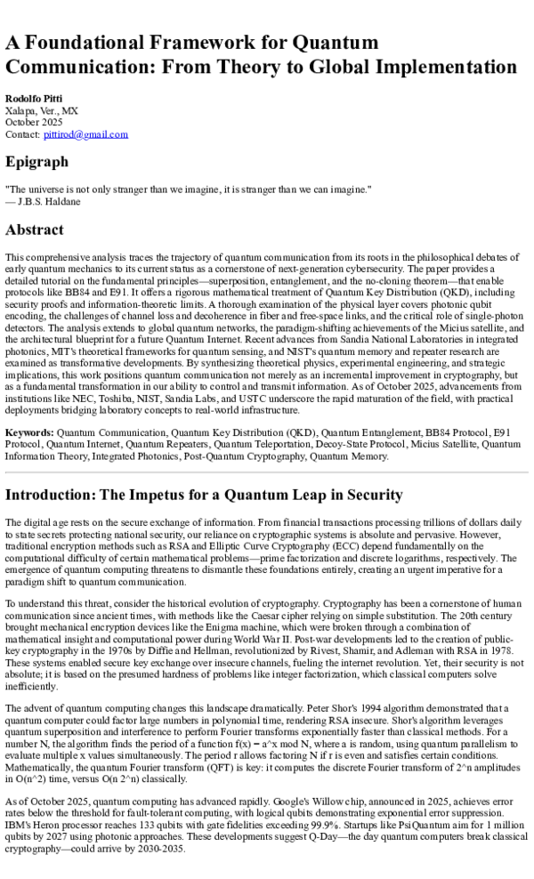 (PDF) A Foundational Framework for Quantum Communication: From Theory ...