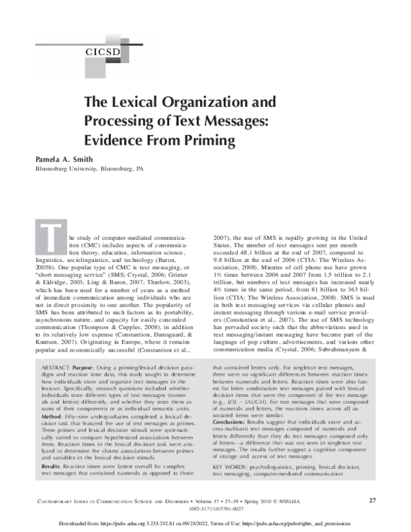 (PDF) The Lexical Organization and Processing of Text Messages ...