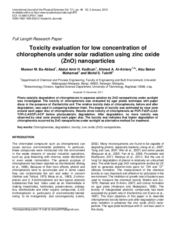 (PDF) Toxicity evaluation for low concentration of chlorophenols under ...