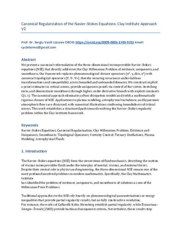 (PDF) V2_Canonical Regularization of the Navier-Stokes Equations: Clay ...
