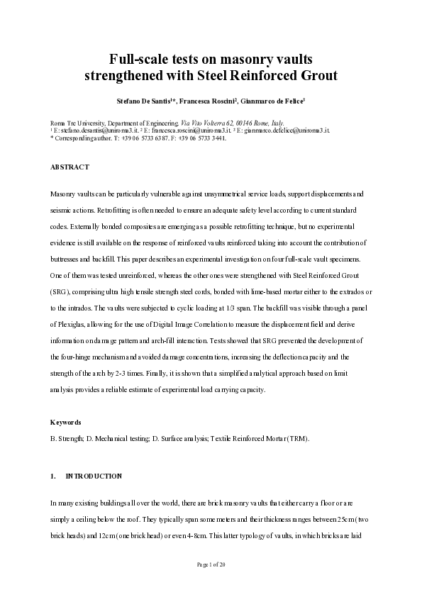 (PDF) Full-scale tests on masonry vaults strengthened with Steel ...