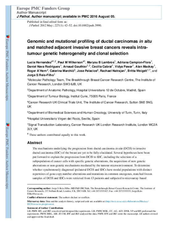 (PDF) Genomic and mutational profiling of ductal carcinomas in situ and ...