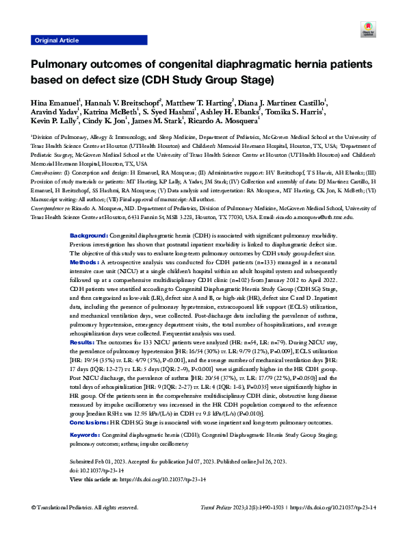 (PDF) Pulmonary outcomes of congenital diaphragmatic hernia patients ...