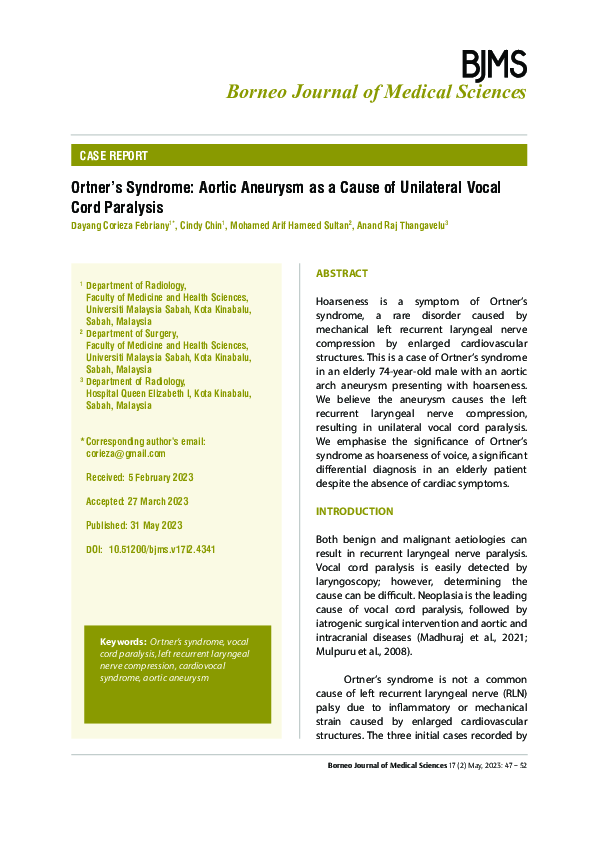 (PDF) Ortner’s Syndrome: Aortic Aneurysm as a Cause of Unilateral Vocal ...