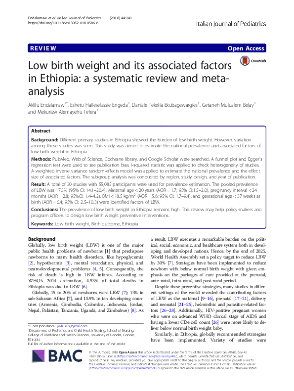 (PDF) Low birth weight and its associated factors in Ethiopia: a ...