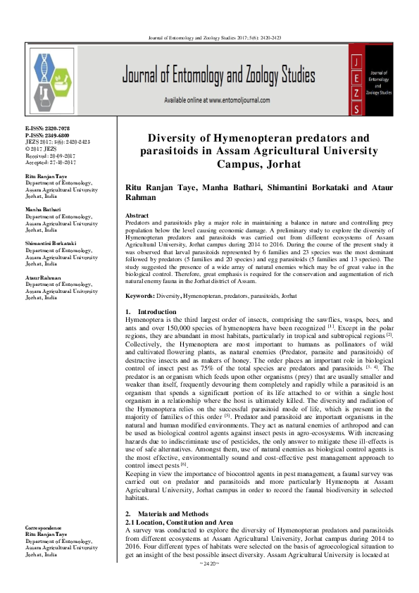 (PDF) Diversity of Hymenopteran predators and parasitoids in Assam ...