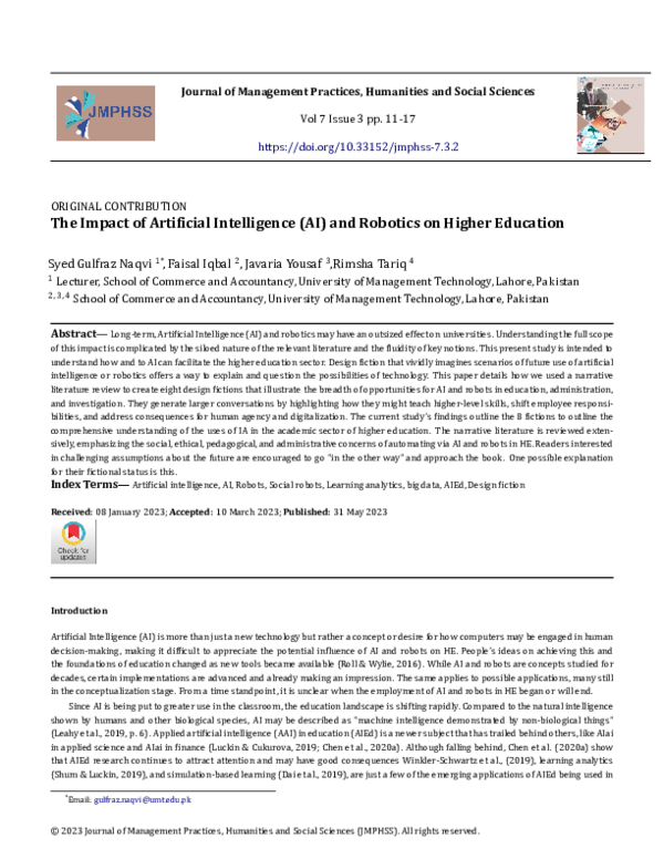 (PDF) The Impact of Artificial Intelligence (AI) and Robotics on Higher ...