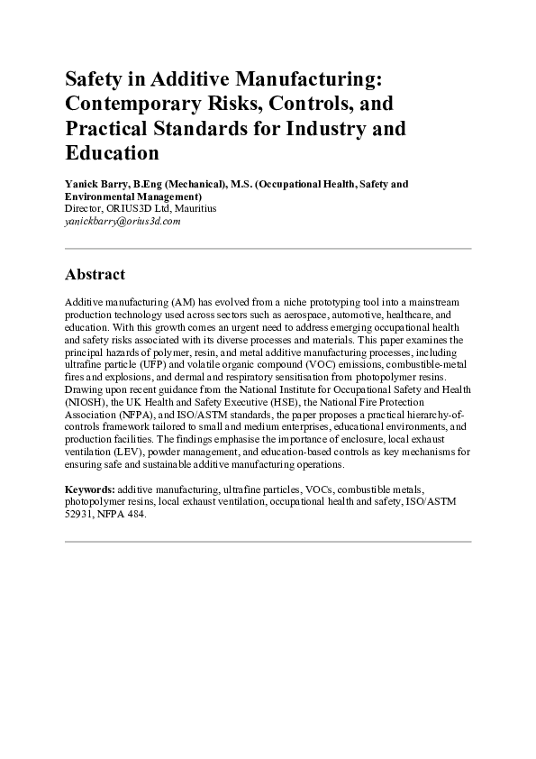 (PDF) Safety in Additive Manufacturing: Contemporary Risks, Controls ...