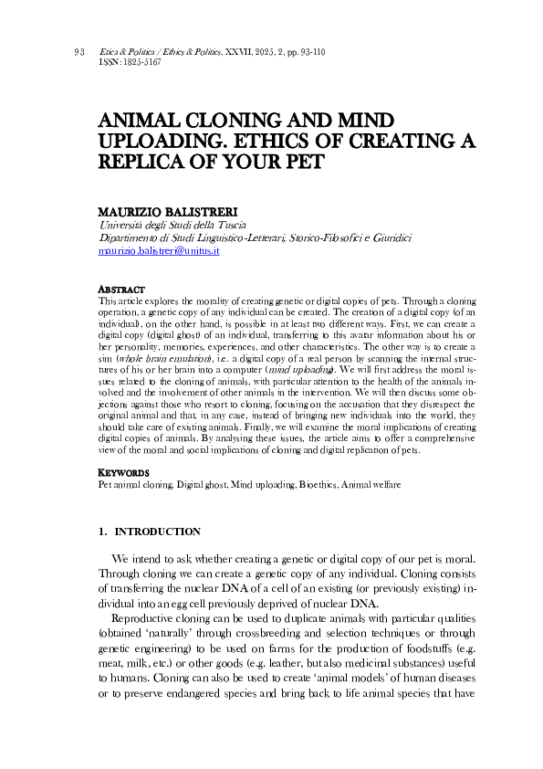 (PDF) ANIMAL CLONING AND MIND UPLOADING. ETHICS OF CREATING A REPLICA ...