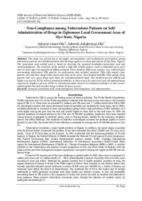 (PDF) Non-Compliance among Tuberculosis Patients on SelfAdministration ...