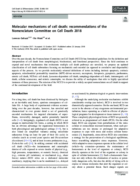 PDF) Molecular mechanisms of cell death: recommendations of the